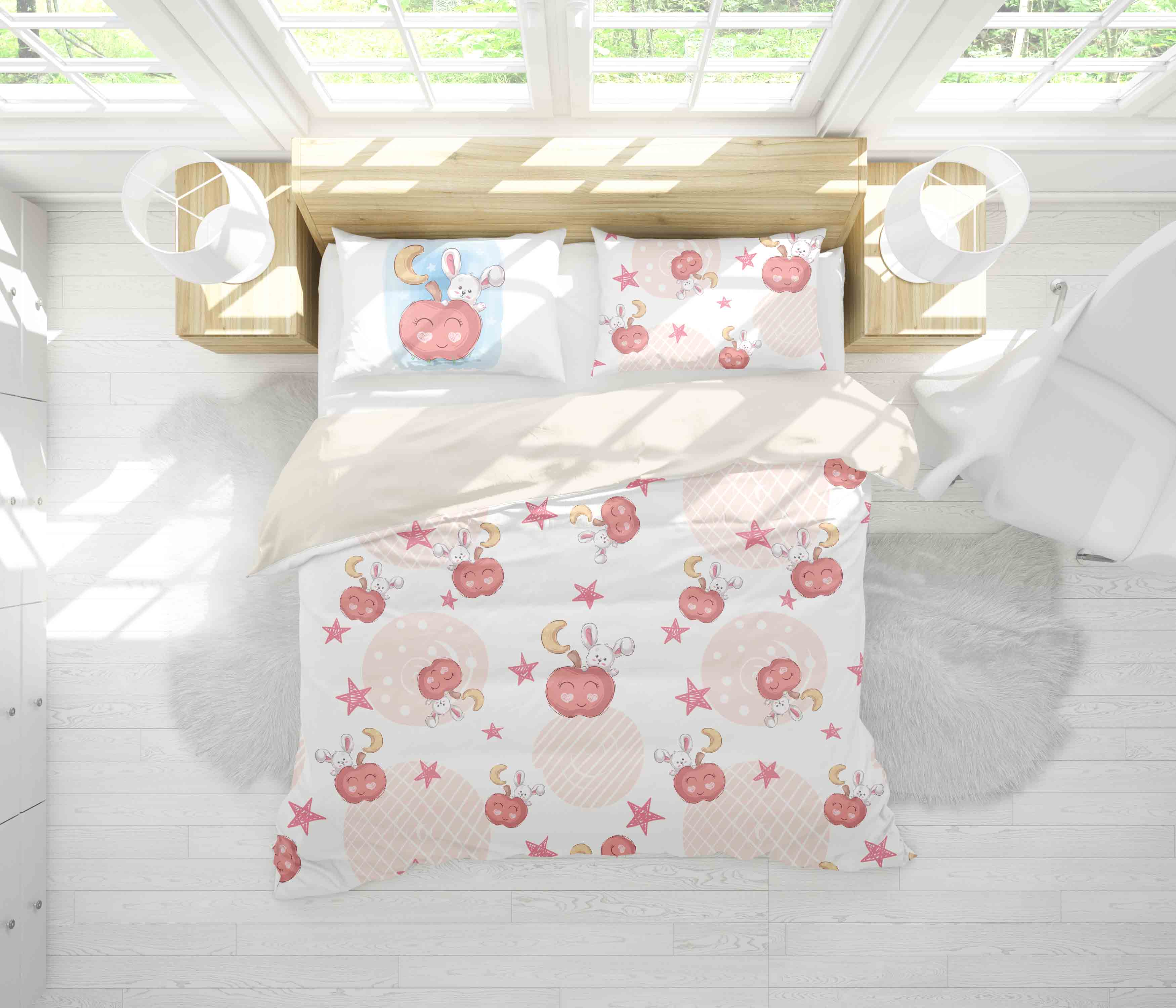 3D White Red Moon Star Rabbit Apple Quilt Cover Set Bedding Set Pillowcases 100