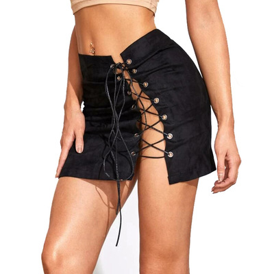 2021 New Women Straight Mini Skirts High Waist Lace-Up Hollow Bandage Split Skirt Bodycon Summer Sexy Club Hip Skirt Female alx