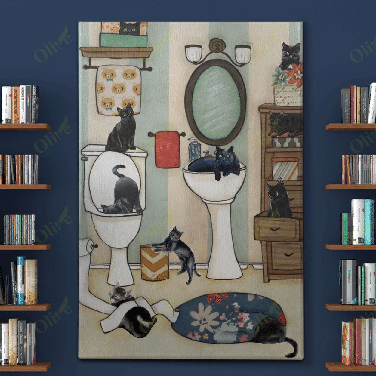 Black Cat In The Bathroom Canvas And Poster | Wall Decor Visual Art