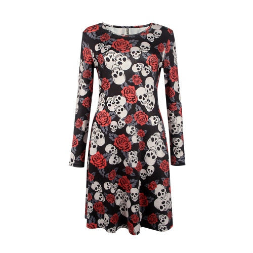 Women Dress Halloween Pumpkin Print Dress Long Sleeve O Neck Christmas Festival Loose Dress Skull