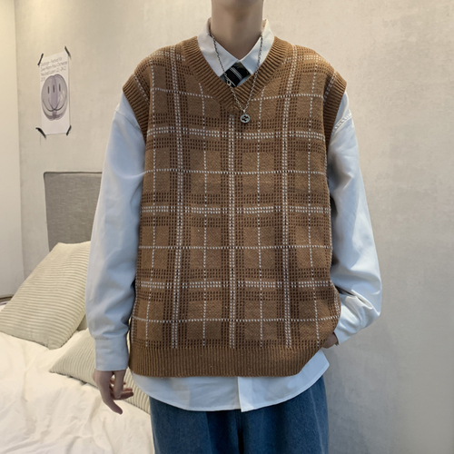 Sweater Vest Men Japanese Plaid V-neck Knitwear Fashion All-match Sleeveless Spring Soft Ins Clothing Classic Minimalist Stylish alx