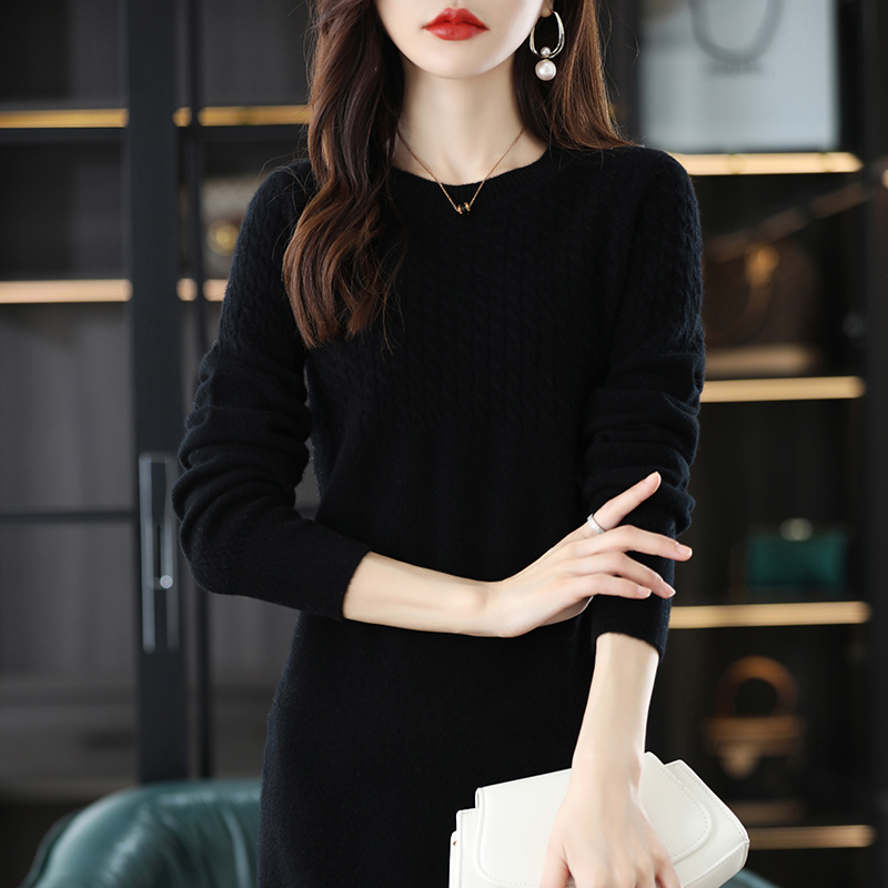 2022 Autumn And Winter New High-end 100% Merino Wool Skirt Women’s Fashion Temperament All-match Round Neck Long-sleeved Dress alx