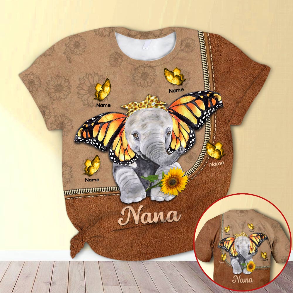 Personalized Grandma Cute Elephant With Butterflies Printed All Over Print Shirts, 3D Hoodie, Sweatshirt, Shirt, Tanktop And Legging Set For Grandma Hn98, Do99