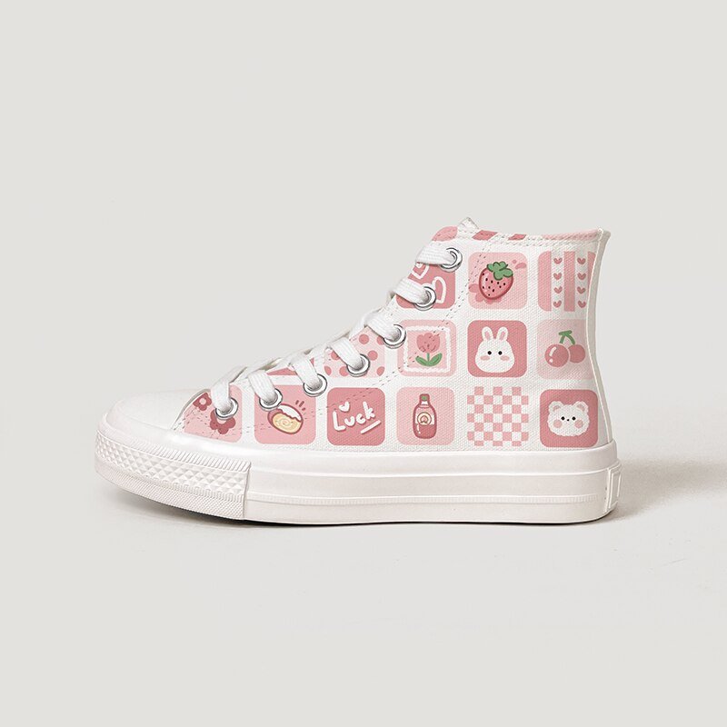 Kawaii Pastel Pink Fruits And Animal High Top Canvas Shoes – Women’S