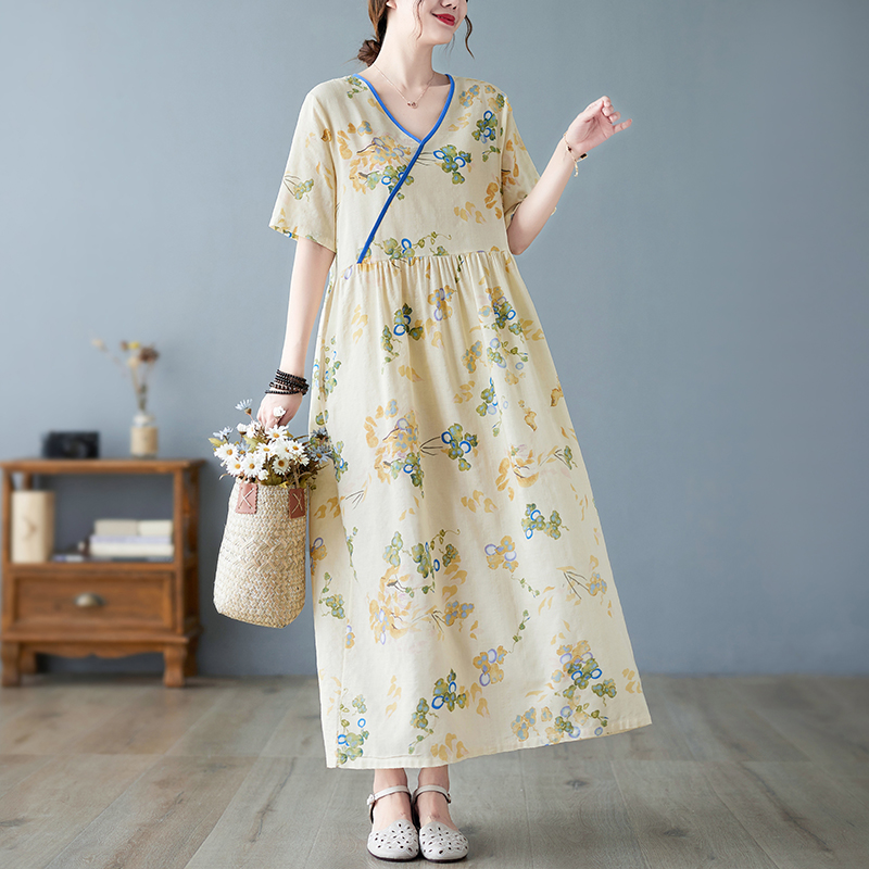 2022 New Arrival Thin Light Soft Loose Cozy Summer Dress Print Floral Vintage Office Lady Work Dress Women Travel Casual Dress alx