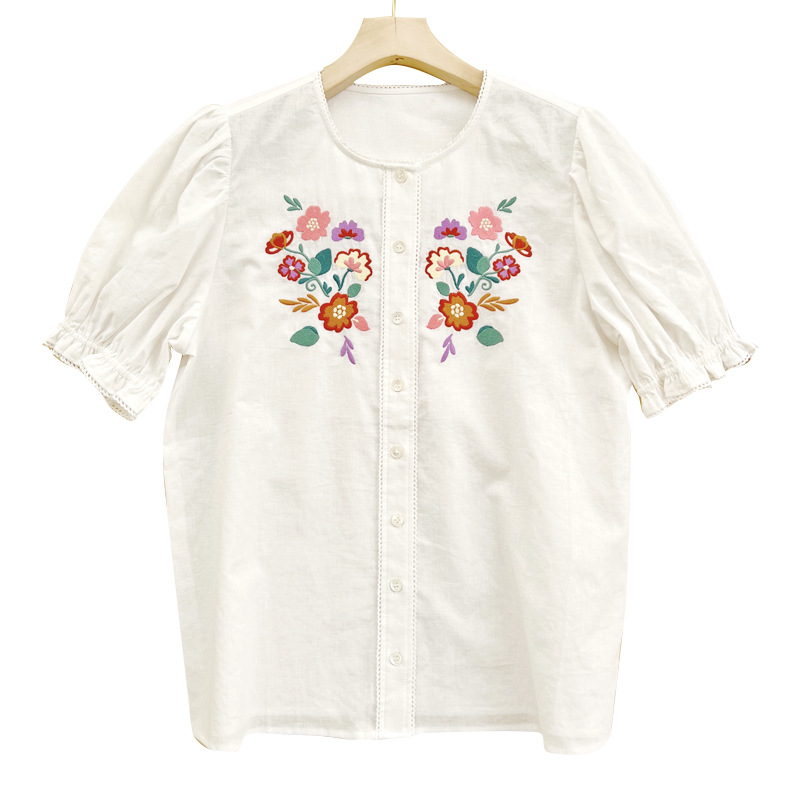 2022 Summer New Arrival Woman Floral Embroidered Round Neck Puff Sleeves Linen Shirt Franch Style Vintage Tops alx