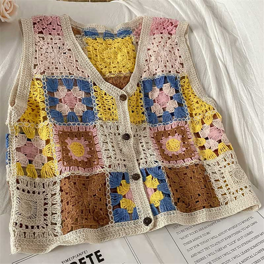 Bohemian Floral Embroidery Crochet Vest Women Sleeveless Waistcoat Summer Knit Vests Crop Top Vintage Chaleco Mujer alx