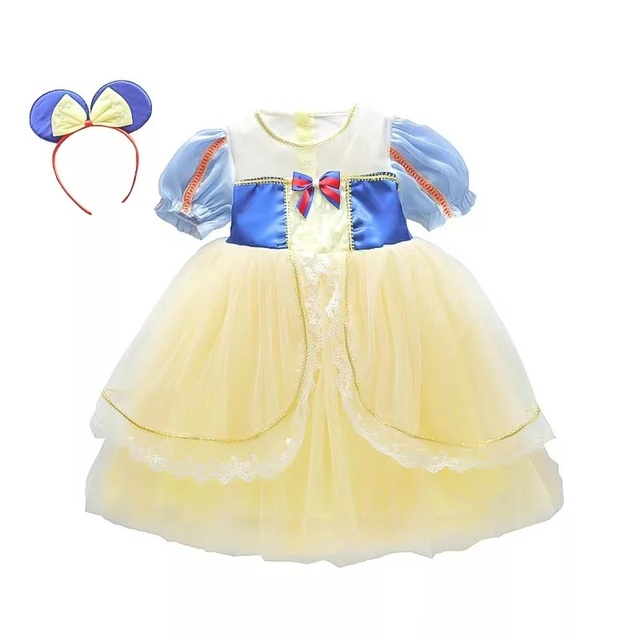 Baby Girls Summer Lace Voile Princess Dress Charm Snow White Ball Gown Children Birthday Party Dresses With Headband alx