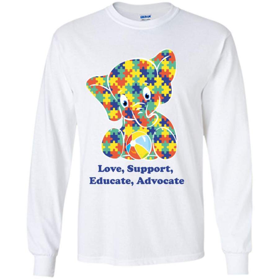 Autism Elephant Strong Love Support Educate Advocate – Gildan Long Sleeve Shirt