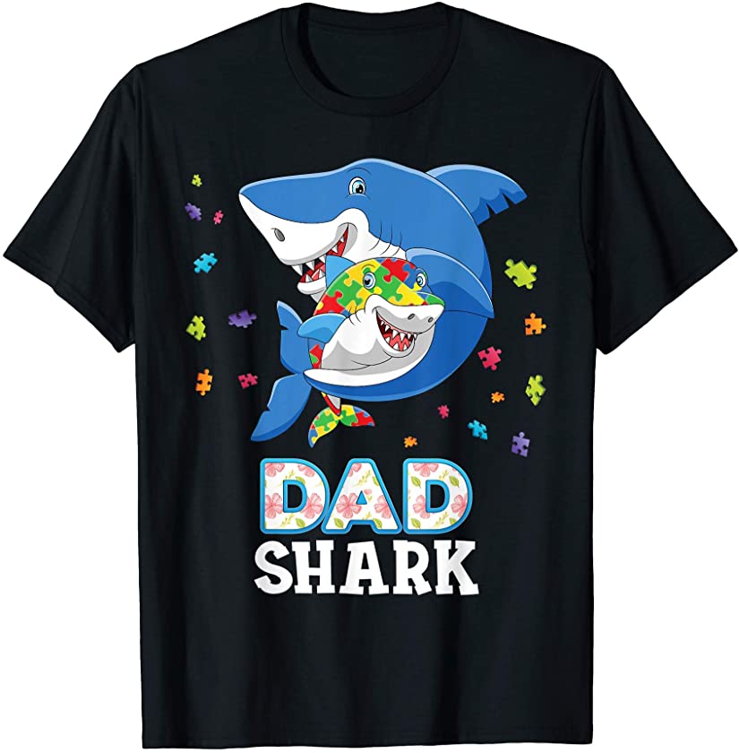 Dad Shark Autism Awareness Rainbow Puzzle Matching Do Family T-Shirt