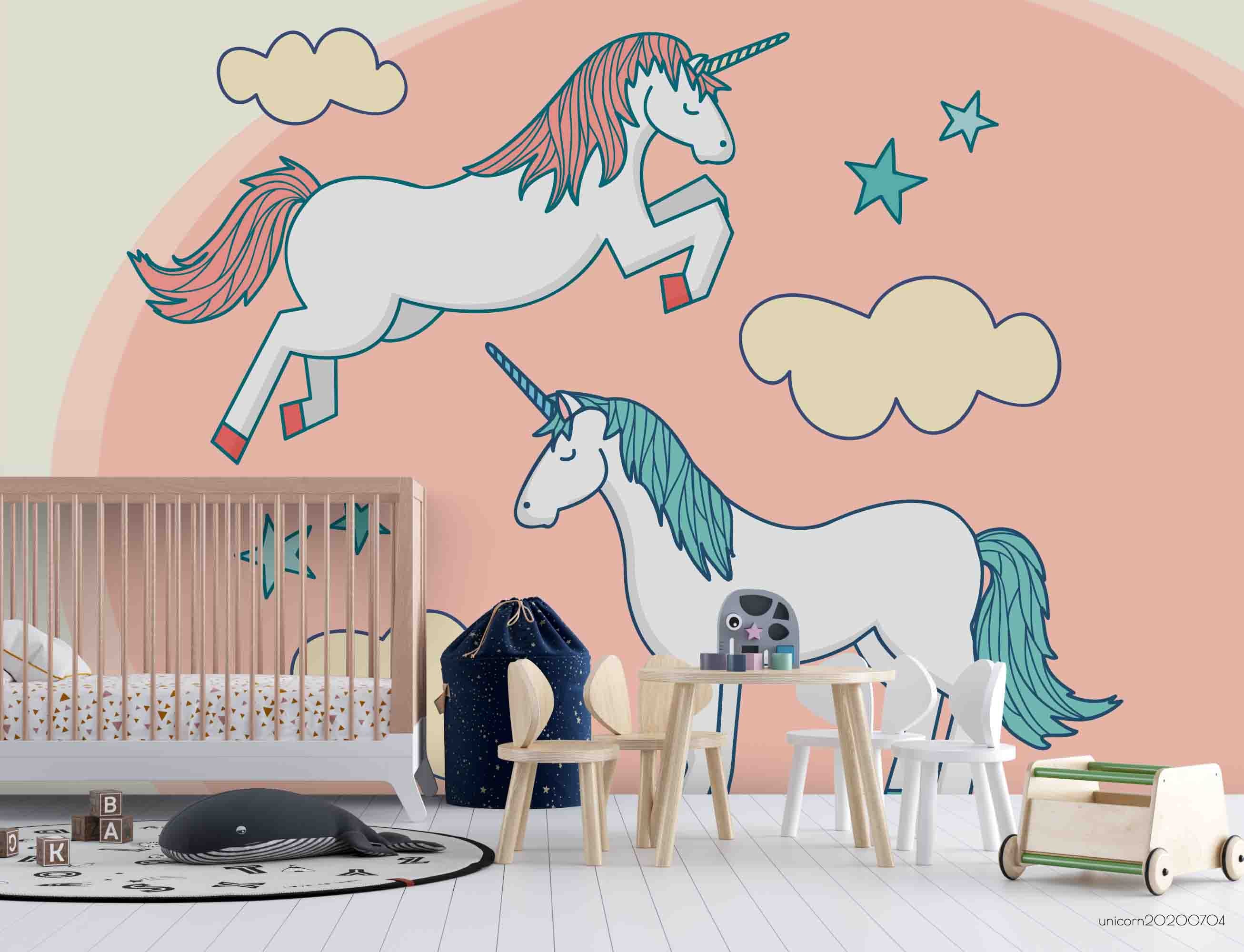 3D Cartoon Flying Unicorn Orange Wall Mural Wallpaper Lxl 200