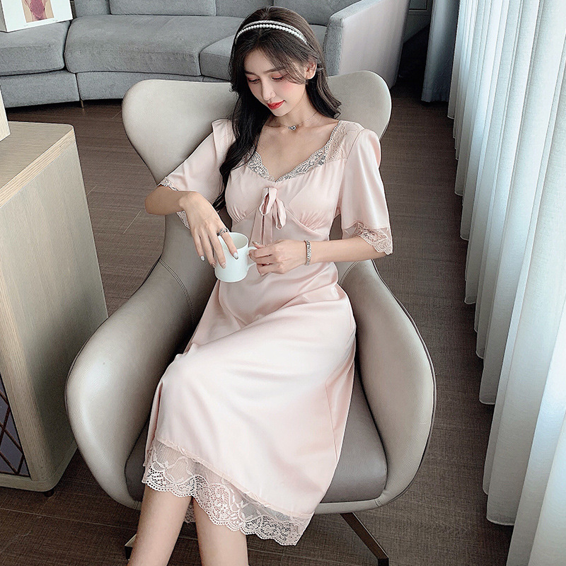 Women Short Sleeve Long Nightdress Sleepwear Sexy Patchwork Lace V-neck Nightgown Lingerie Spring Casual Satin Silk Home Dress alx