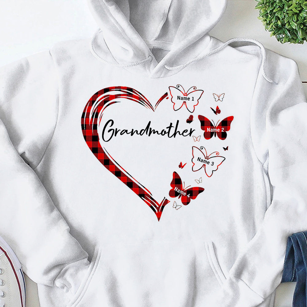 Personalized Heart Butterflies Red Plaid Shirt For Grandmother