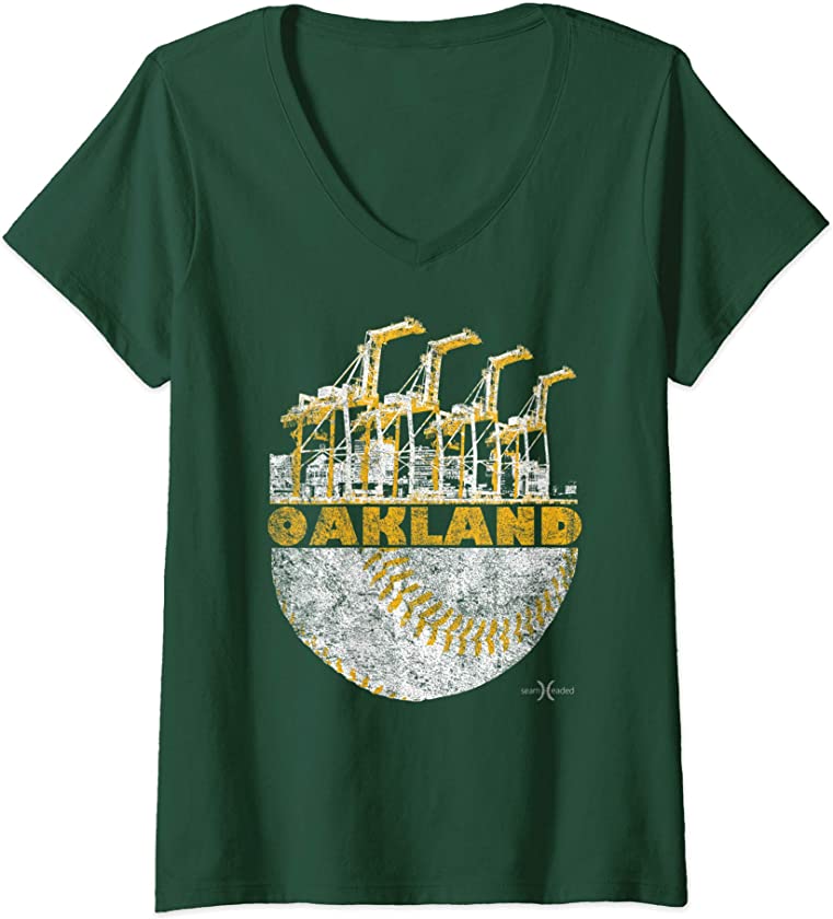 Womens Vintage Oakland Baseball Port Crane Skyline T-Shirt V-Neck T-Shirt