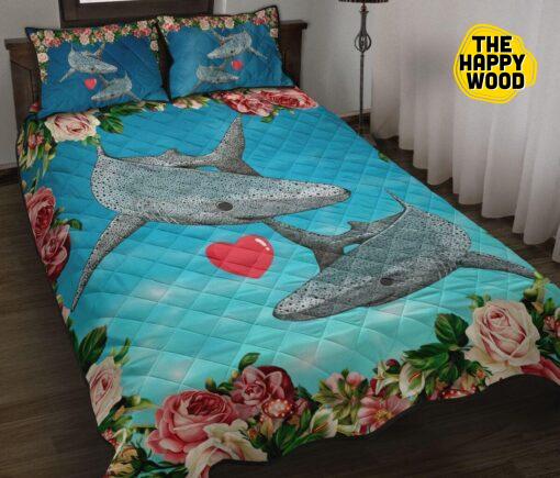 Shark Heart Love Sea Animal Floral Style Quilt Bed Set And Pillow Covers