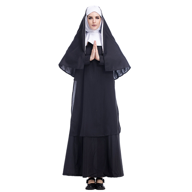 Women Nun Costumes Priest Monastery Maria Medieval Cosplay Halloween Carnival Party Performance Disguise Black Clothing Set alx