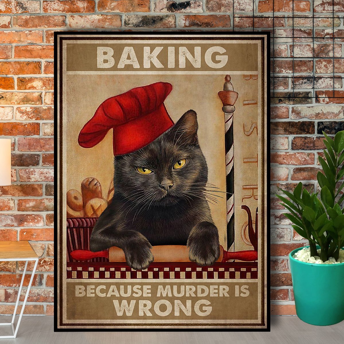 Black Cat Baking Murder Is Wrong Red Hat Vintage Bread  Poster No Frame Matte Canvas