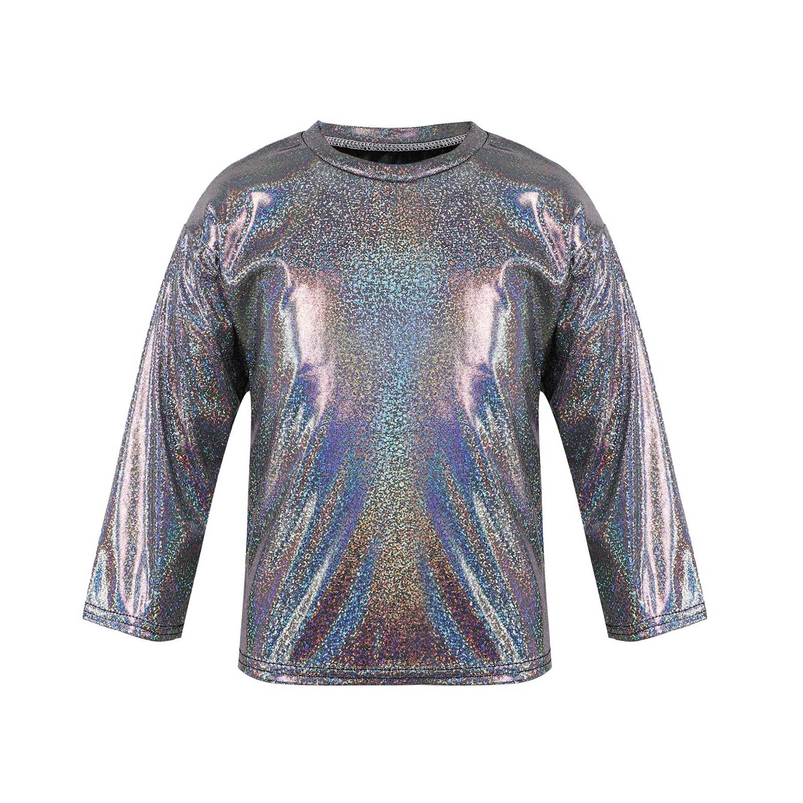 Unisex Kid Boys Girls Shiny Metallic T Shirts Long Sleeve Loose Dance Crop Tops for Stage Performance Party Ballet Dance Top alx