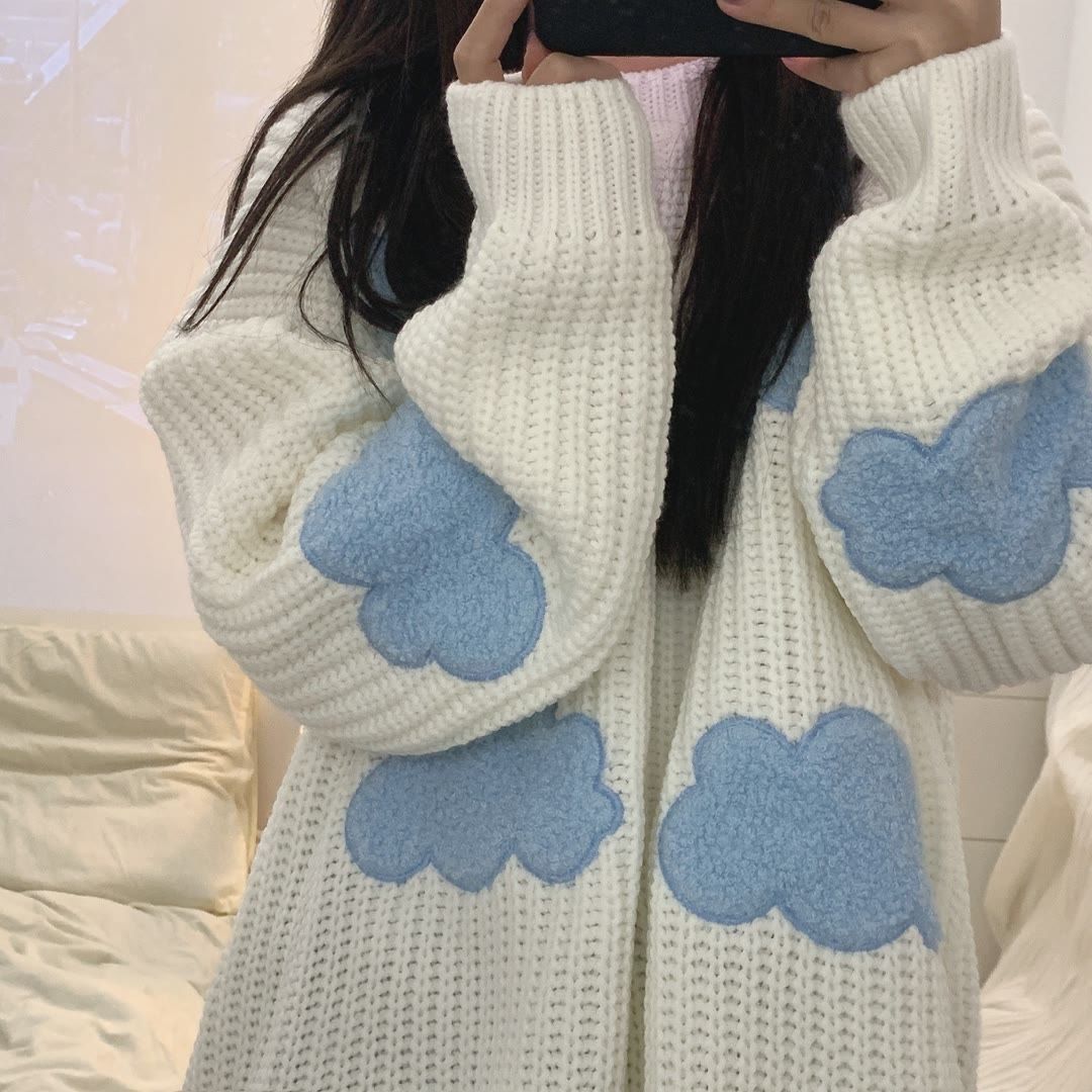 2022 Women’s Cozy Clouds Sweater Cute Cartoon Long Sleeve Crew Neck Pullover Jumper Fall Winter Top Korean Cartoon Autumn Casual alx