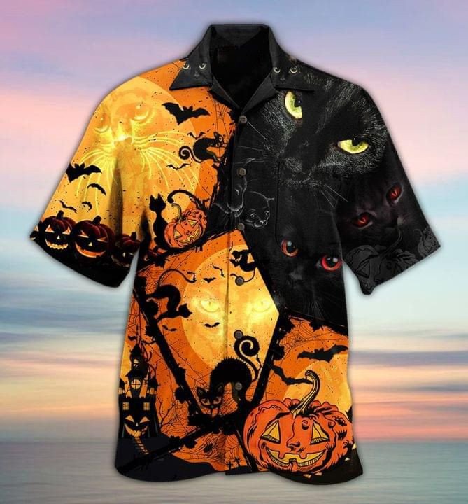 Halloween Black Cat And Pumpkin Print Short Sleeve Hawaii Casual Shirt Ha81291