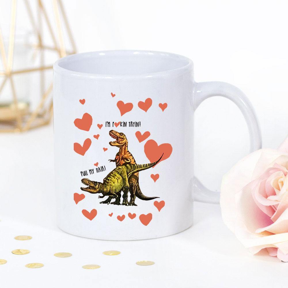 Valentine Dinosaur Couple Happy Valentine’S Day Heart Pattern Funny White Mug