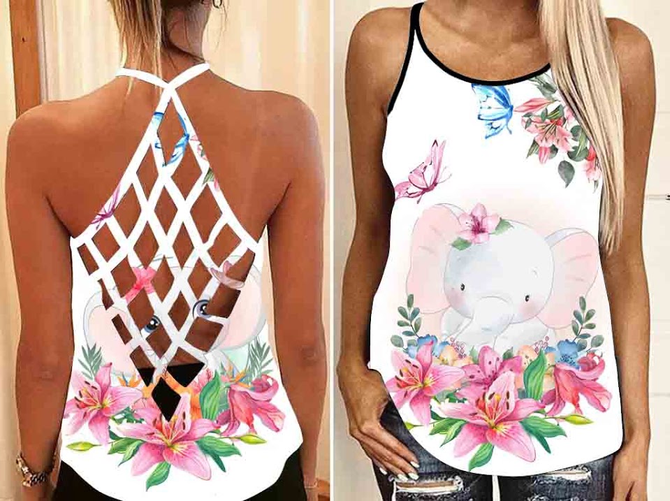 Cartoon Baelephant Tank Top Shirt Women – Lovely Elephant Criss Cross Open Back Camisole Tank