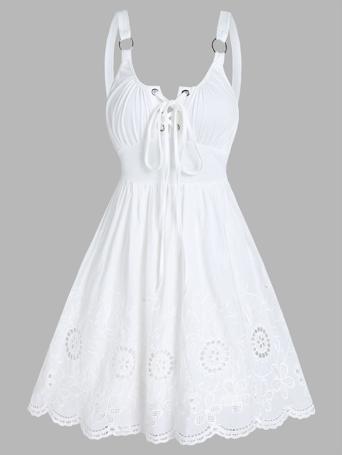 A Line Eyelet Mini Flower Embroidered Sleeveless Lace-up Dresses Skydiver Summer Casual Female Robe alx