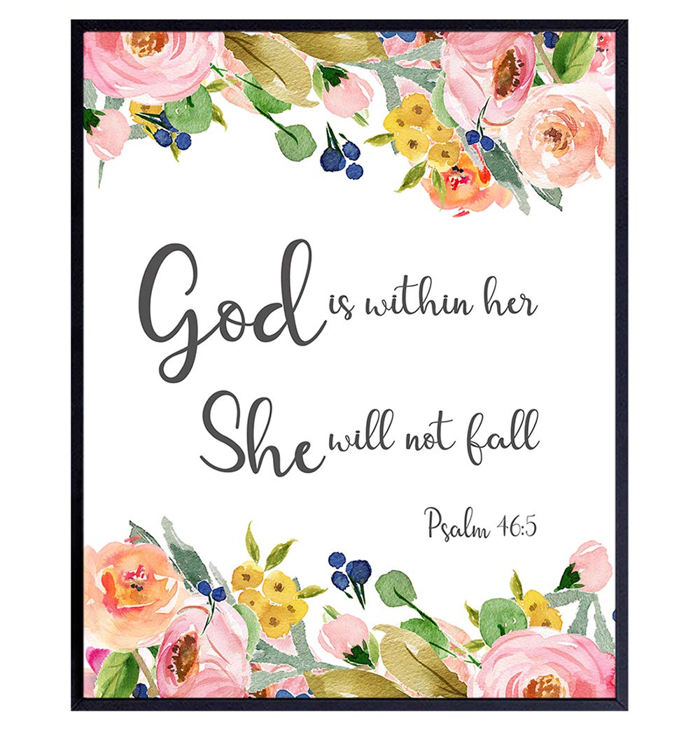 Psalm 46 – God Is Within Her She Will Not Fall – Positive Quotes Wall Decor – Motivational Posters – Inspirational Christian Wall Art – Bible Verse Scripture Decor – Gift For Religious Women, Girls