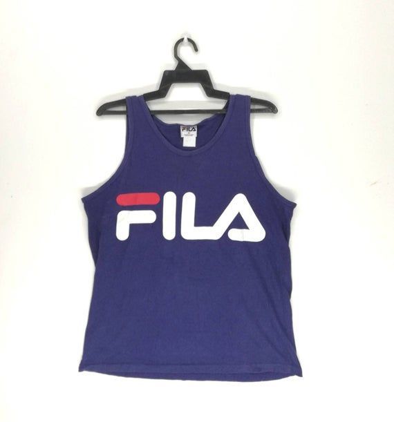 Rare Vintage Fila Spellout Biglogo Singlet Hip Hop Street Colour Blue Navy Mall Shirt