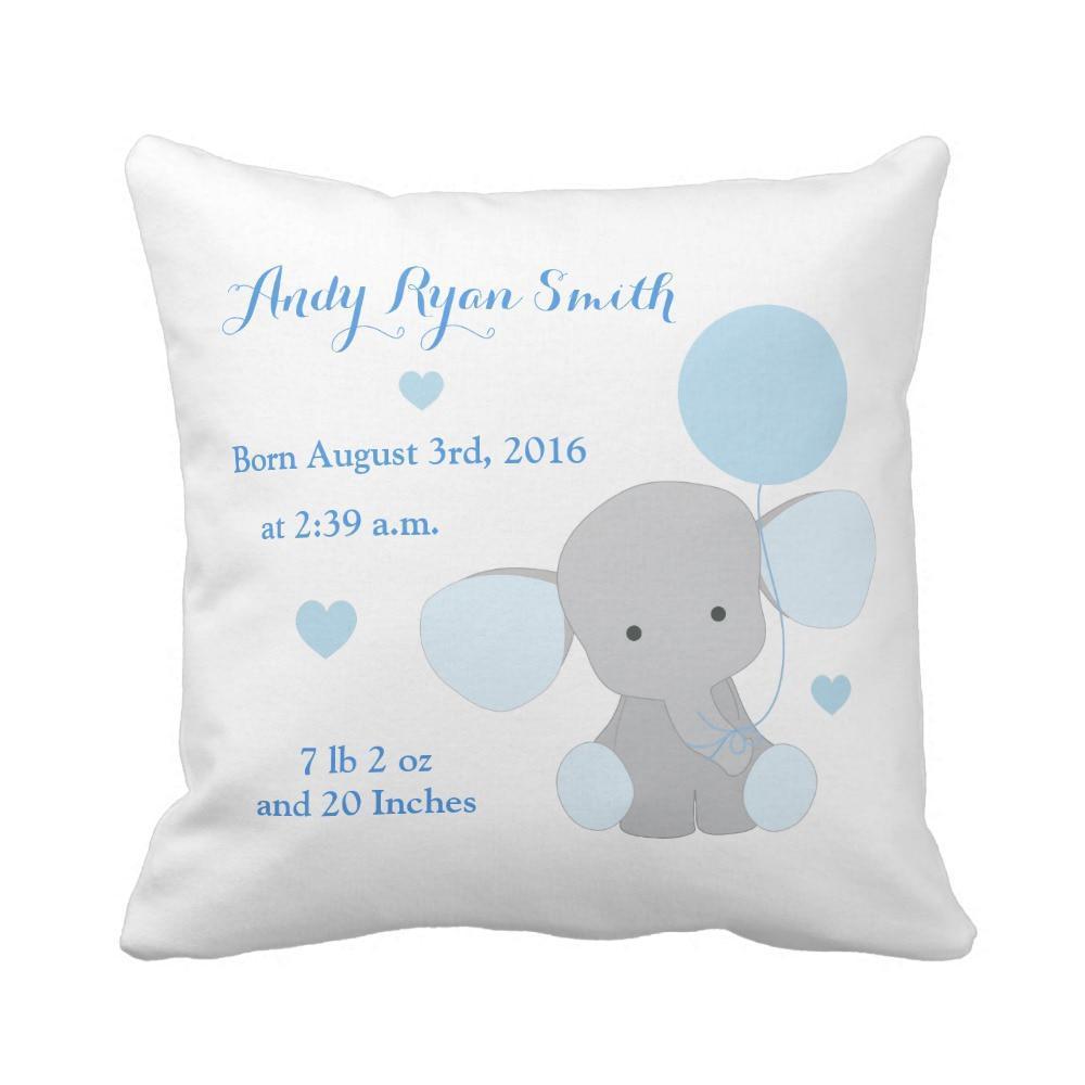 Personalized Baby Name Birth Stats Throw Pillow Cover – For Boy And Girl Elephant Print