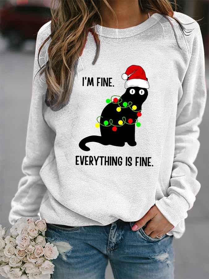 Women’S Christmas I’M Fine Everything Is Fine Fun Cat Print Sweatshirt