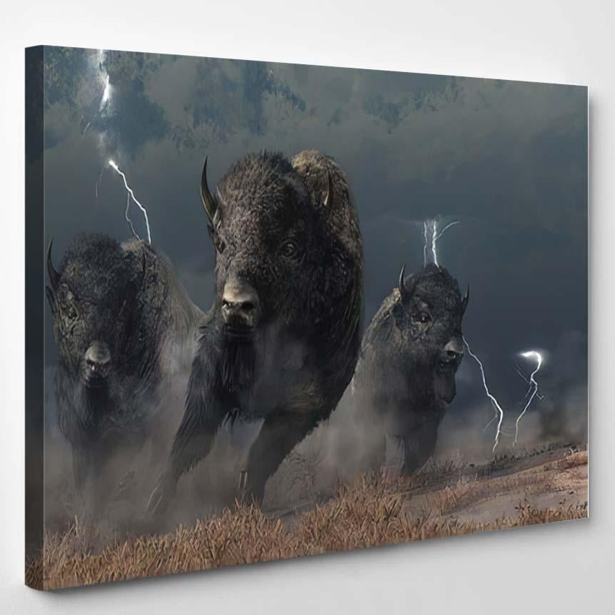 Three Buffalo Stampede Across North American – Bison Animals Canvas Print