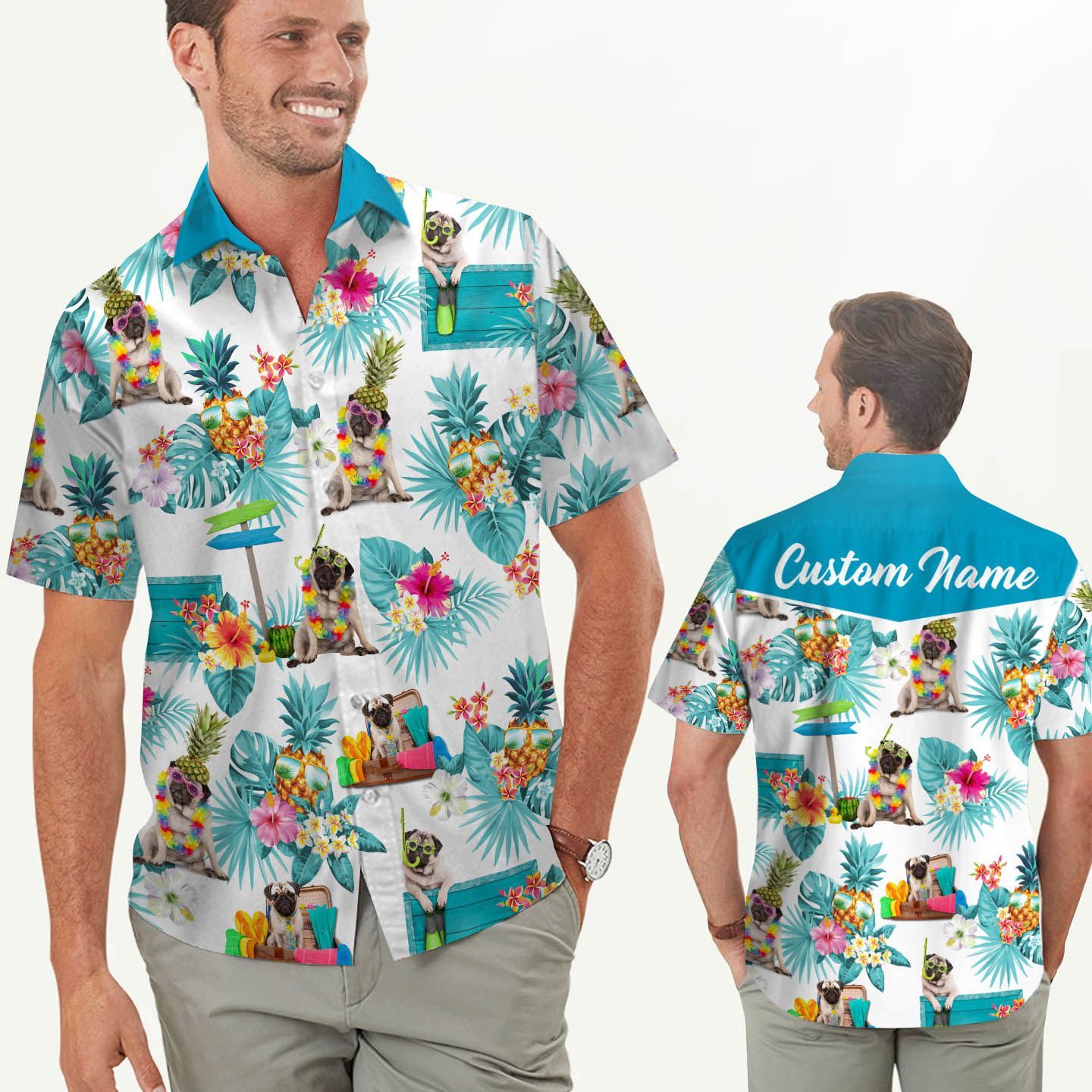 Beach Shirt Custom Name Pug Tropical Hawaiian Shirt For Men For Dog Lovers