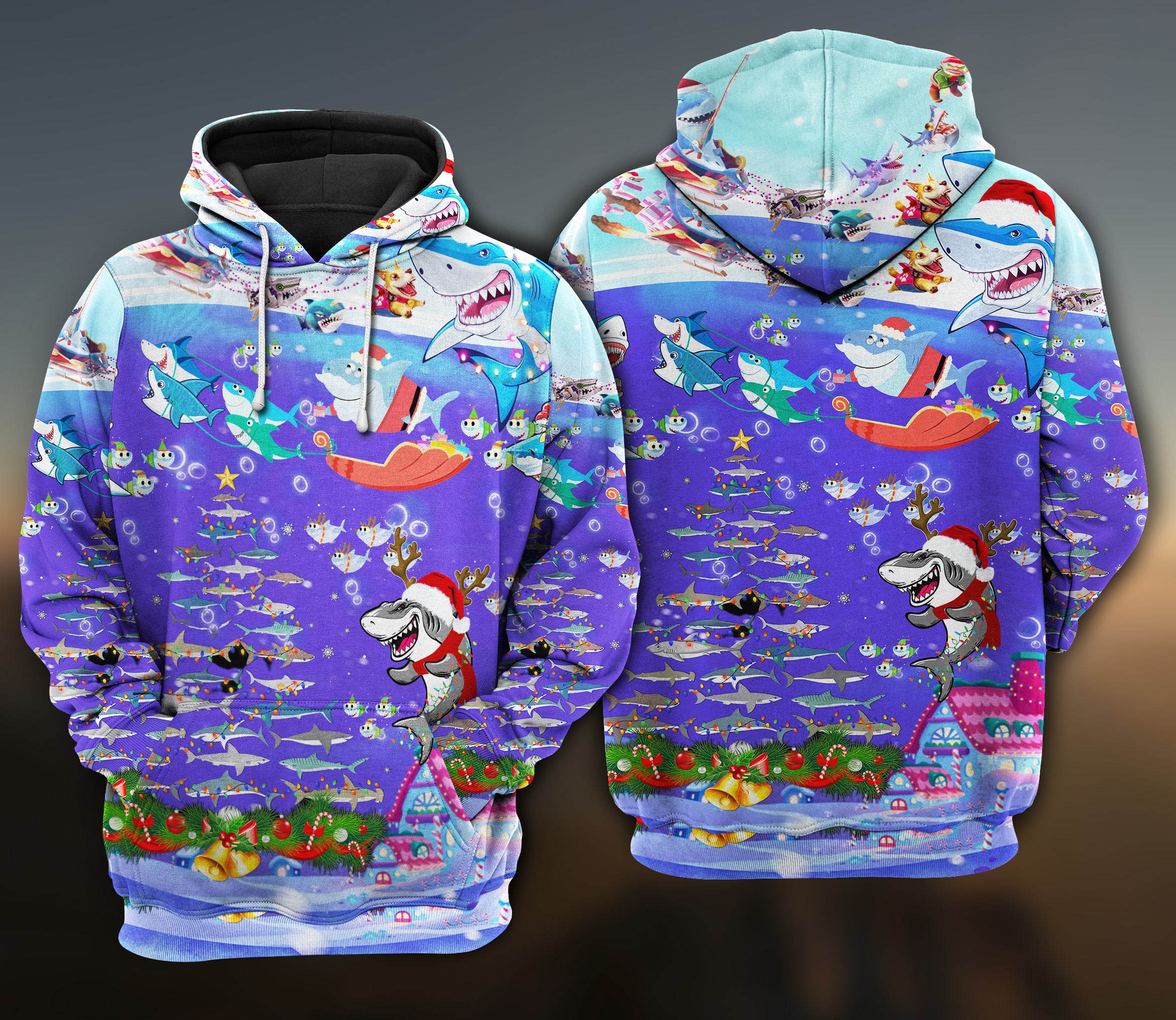 Christmas Santa Shark Sits On Rockets And Brings Gifts To Ocean Edition- Hoodie – Hood