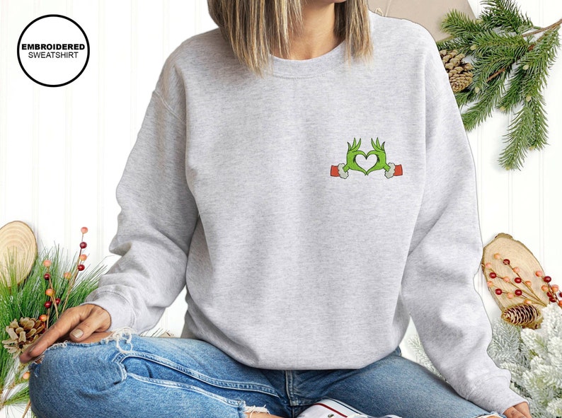 Grinch Heart Embroidered Sweatshirt 2D Crewneck Sweatshirt All Over Print Sweatshirt For Women Sweatshirt For Men Sws2913