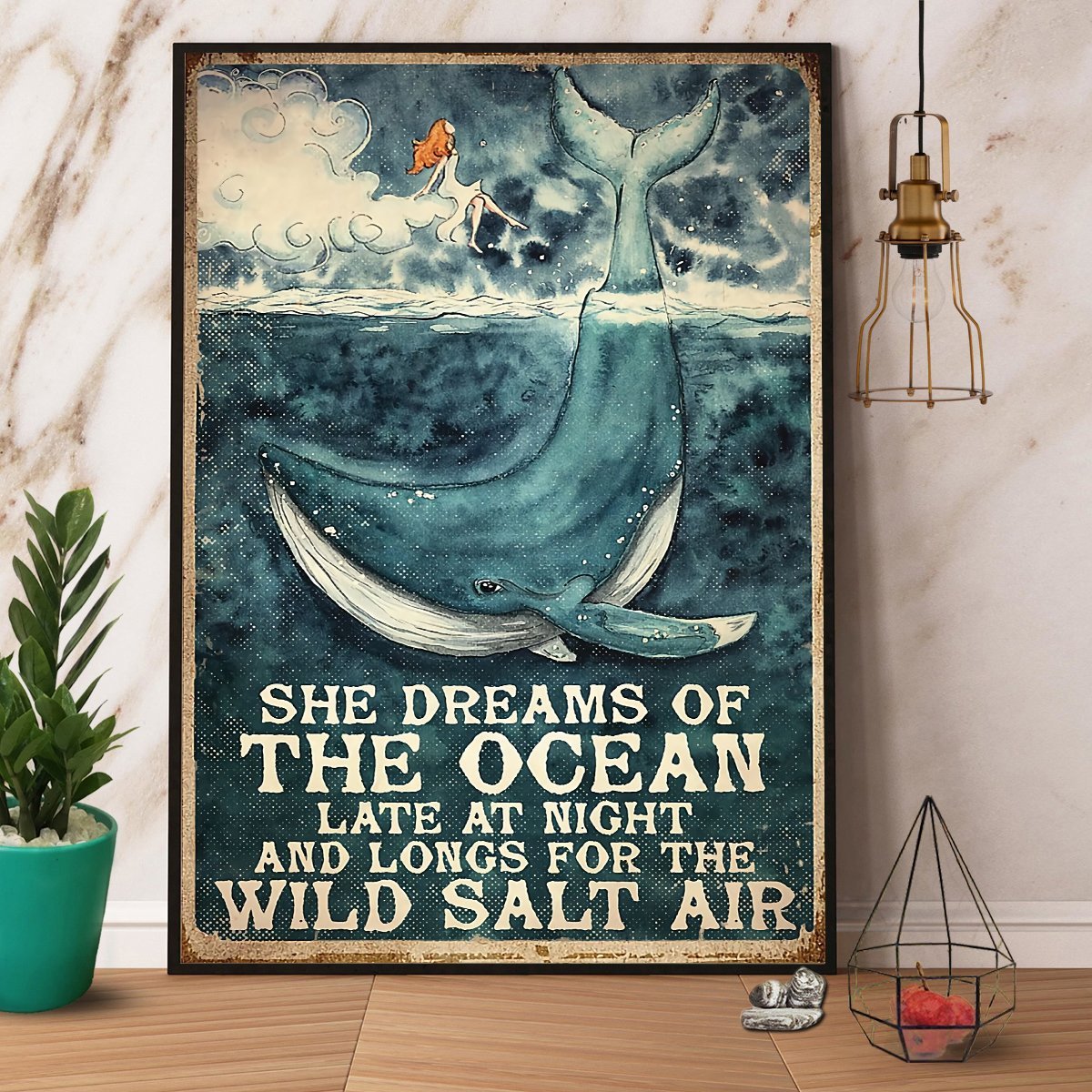 Whale And Girl She Dreams Of The Ocean Late At Night Vintage Ocean Poster No Frame