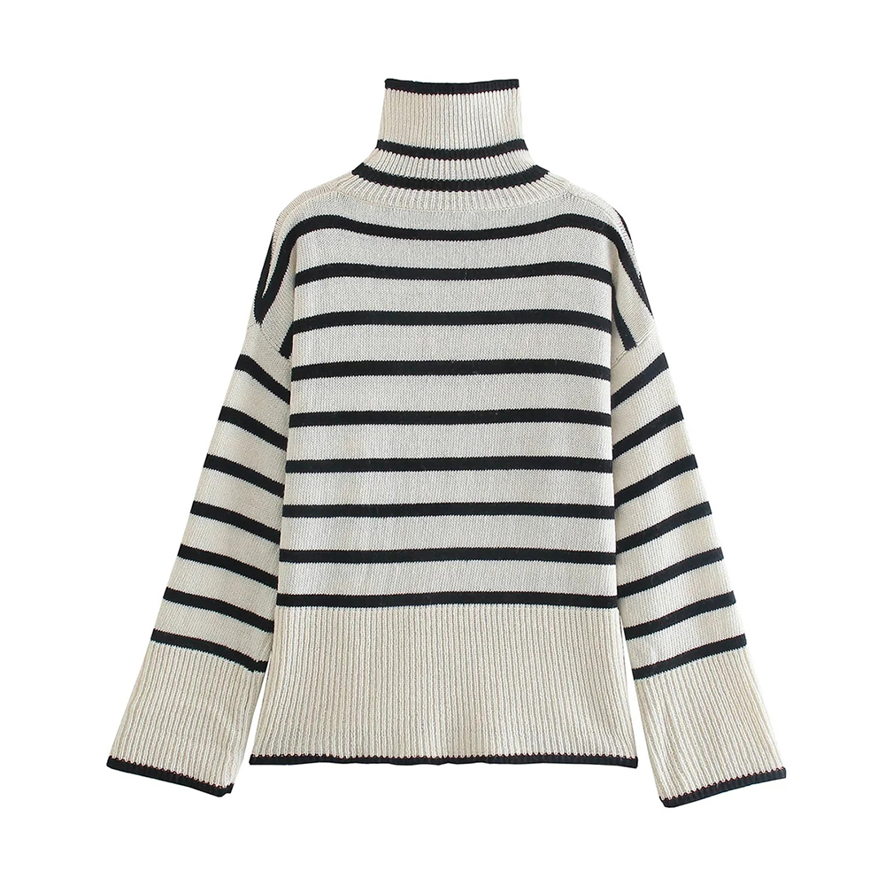 2021 Women Vintage oversize striped Long Sleeve Knitted Sweater Female Mock Neck Elegant Pullover Streetwear Casual Chic Top alx