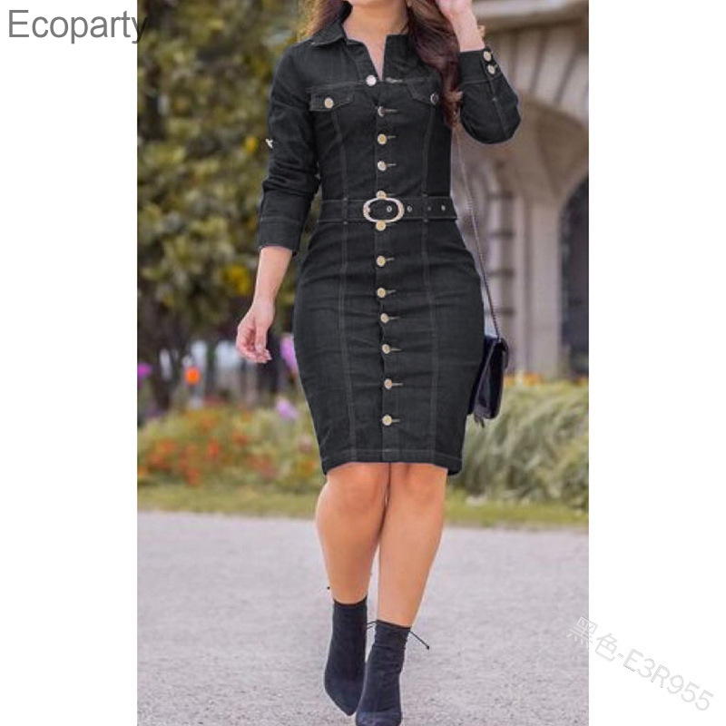 Women Dress Sexy Slim Retro Multi-button Decoration Lapel Dresses Lady Fashion Single-breasted Long-sleeve Denim Goddess Dresses alx