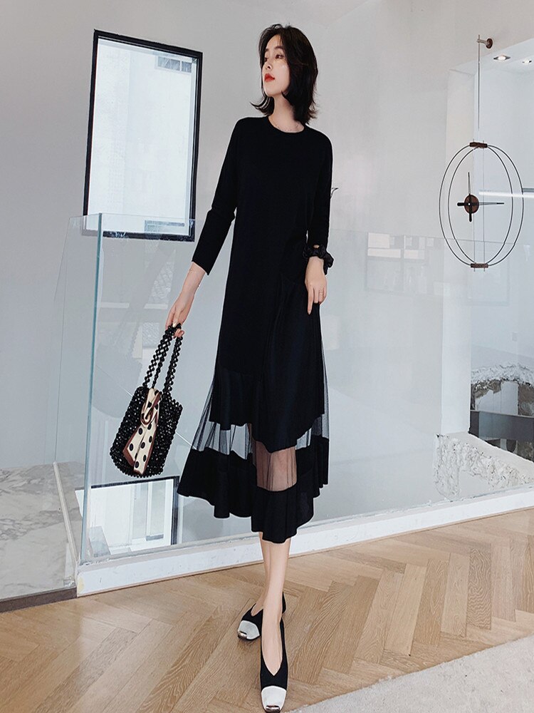 2022 autumn winter new long spliced mesh gauze skirt long sleeve dress alx