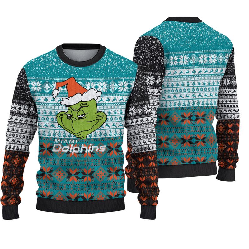 Miami Dolphins The Grinch Gift For Fan Ugly Wool Sweater Christmas V2