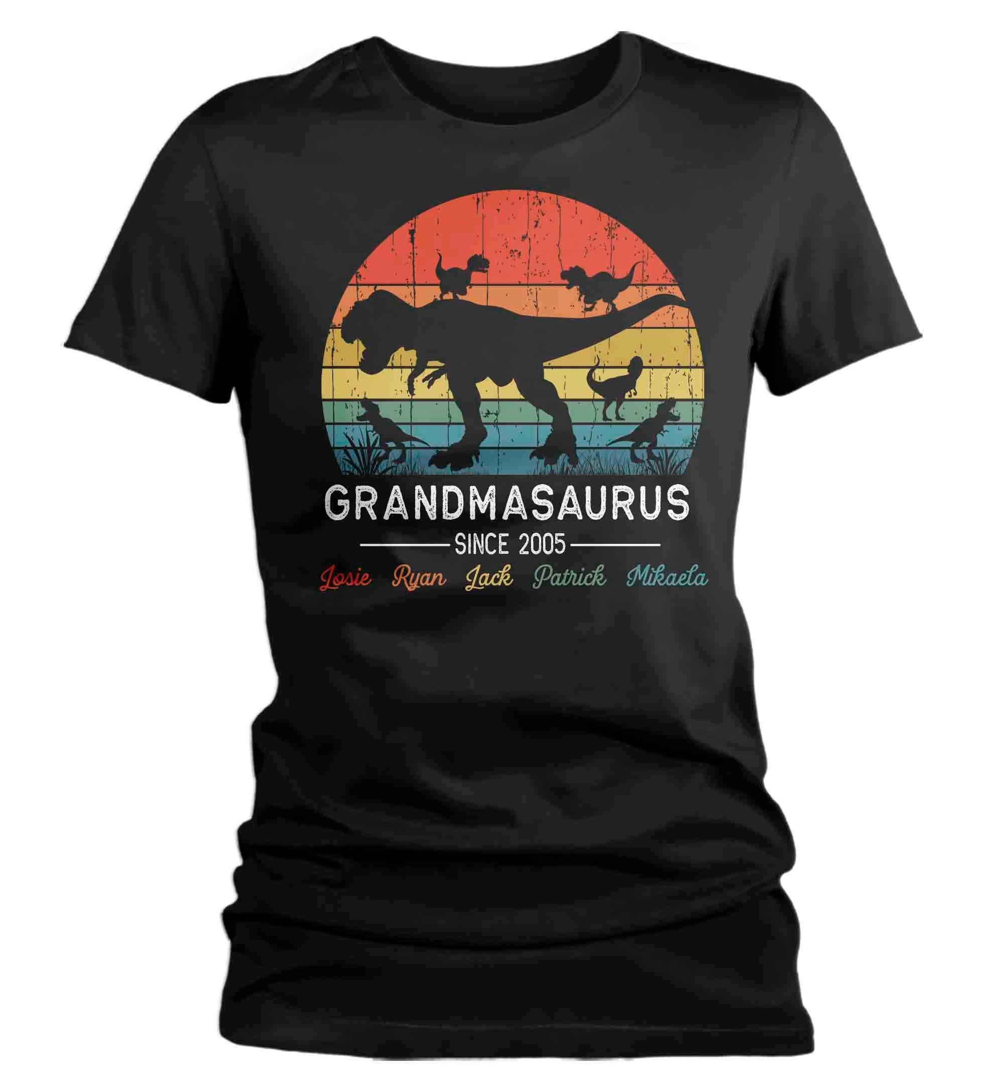 Women’S Personalized Grandma Shirt Mother’S Day Gift Grandmasaurus T Shirt Custom Gift Mimisaurus Tee T-Rex Dinosaur Ladies V-Neck