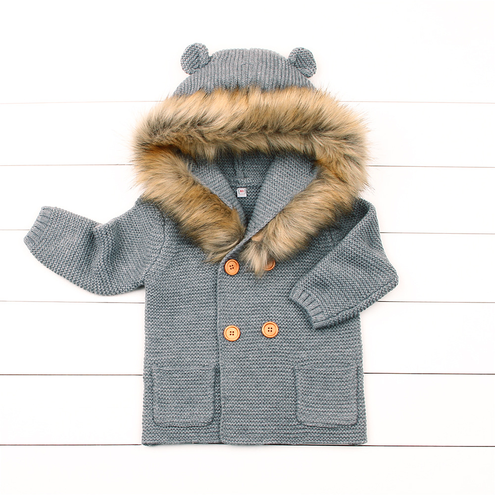 Children’s sweaters infants and toddlers hooded fur collar knitted jackets long-sleeved autumn and winter coats alx