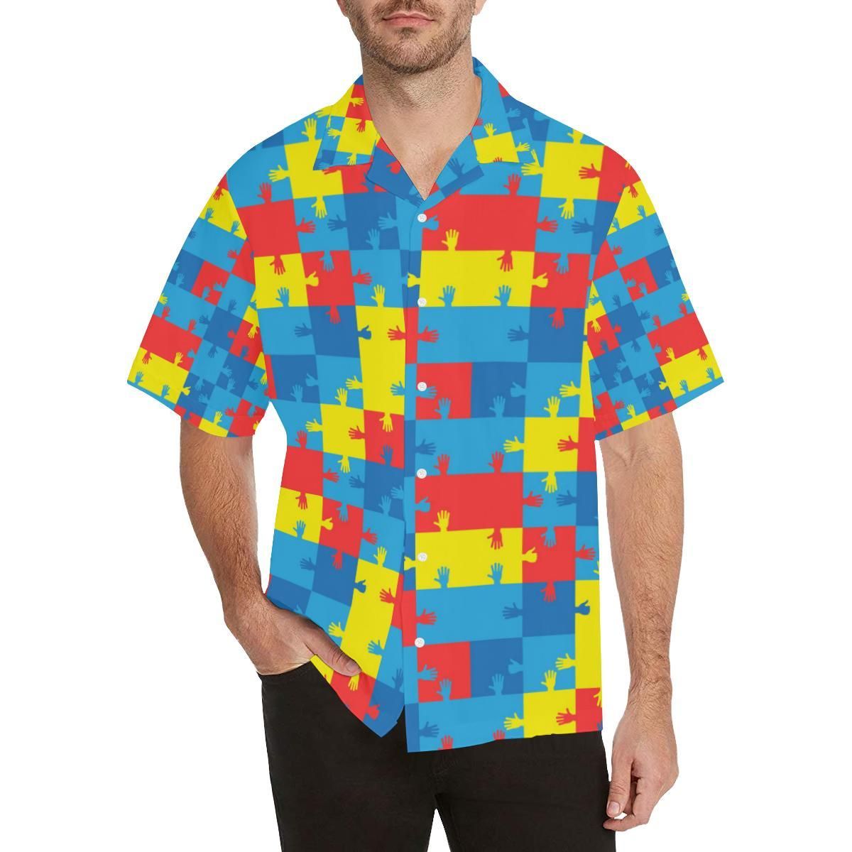 Autism Awareness Shirt – Colorful Red Blue & Yellow Autism Awareness Design Hawaiian Shirt Summer Hawaiian For Men, Women, Couple