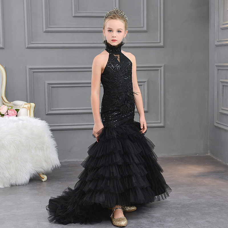 Black Ruched Kids Party Dress HT092 Halter Sleeveless Flower Girl Dresses 2020 Shiny Sequined Mermaid Princess Girls Ball Gowns alx