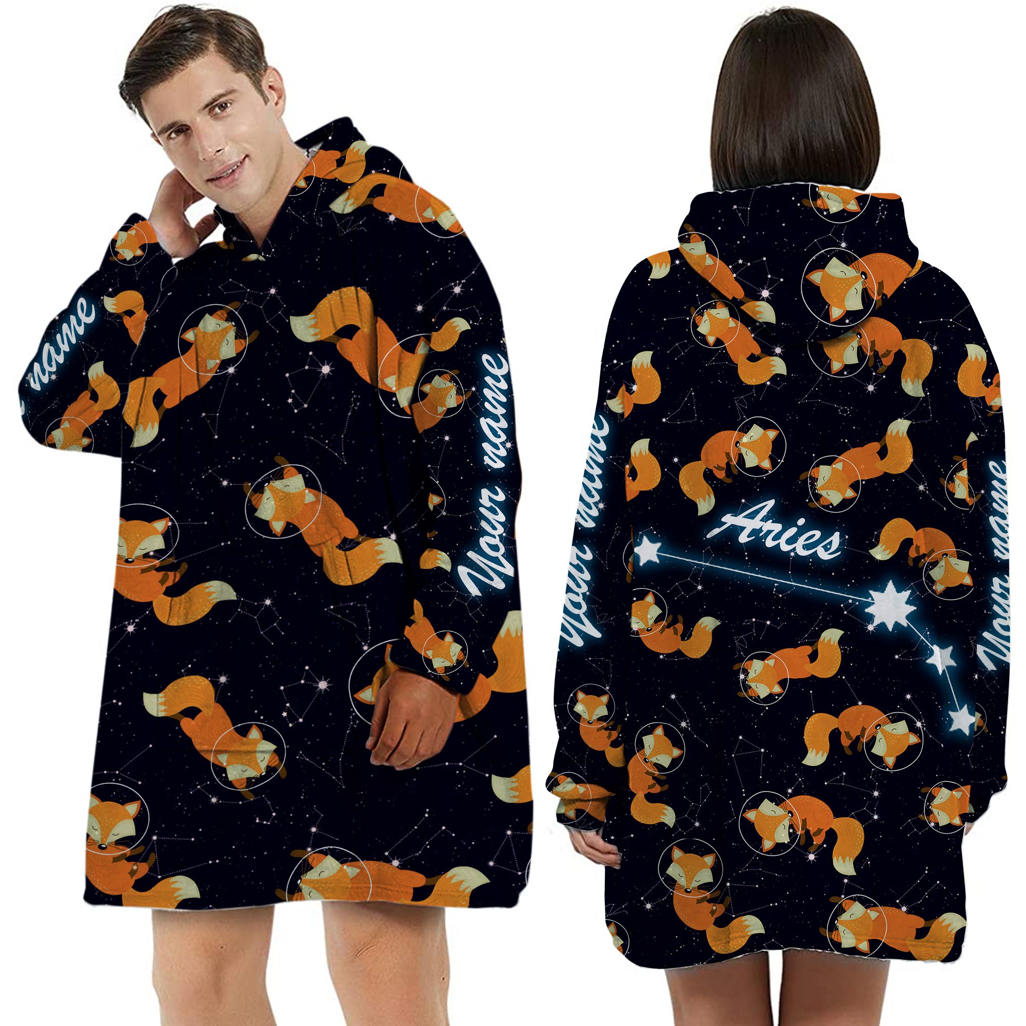 Zodiac Aries Foxes Custom Name Huggle Hoodie For Animal And Astronomy Lovers