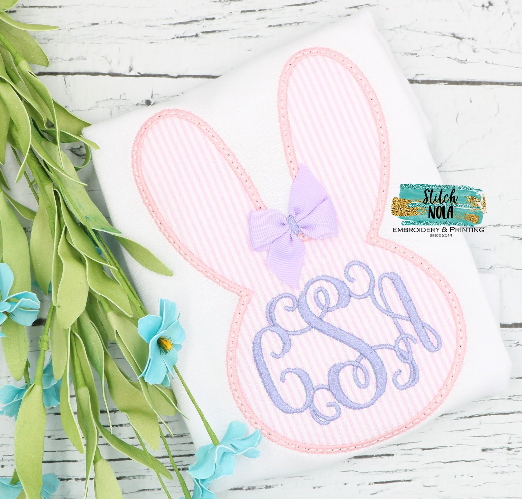 Personalized Easter Bunny Head With Bow Appliqué Shirt