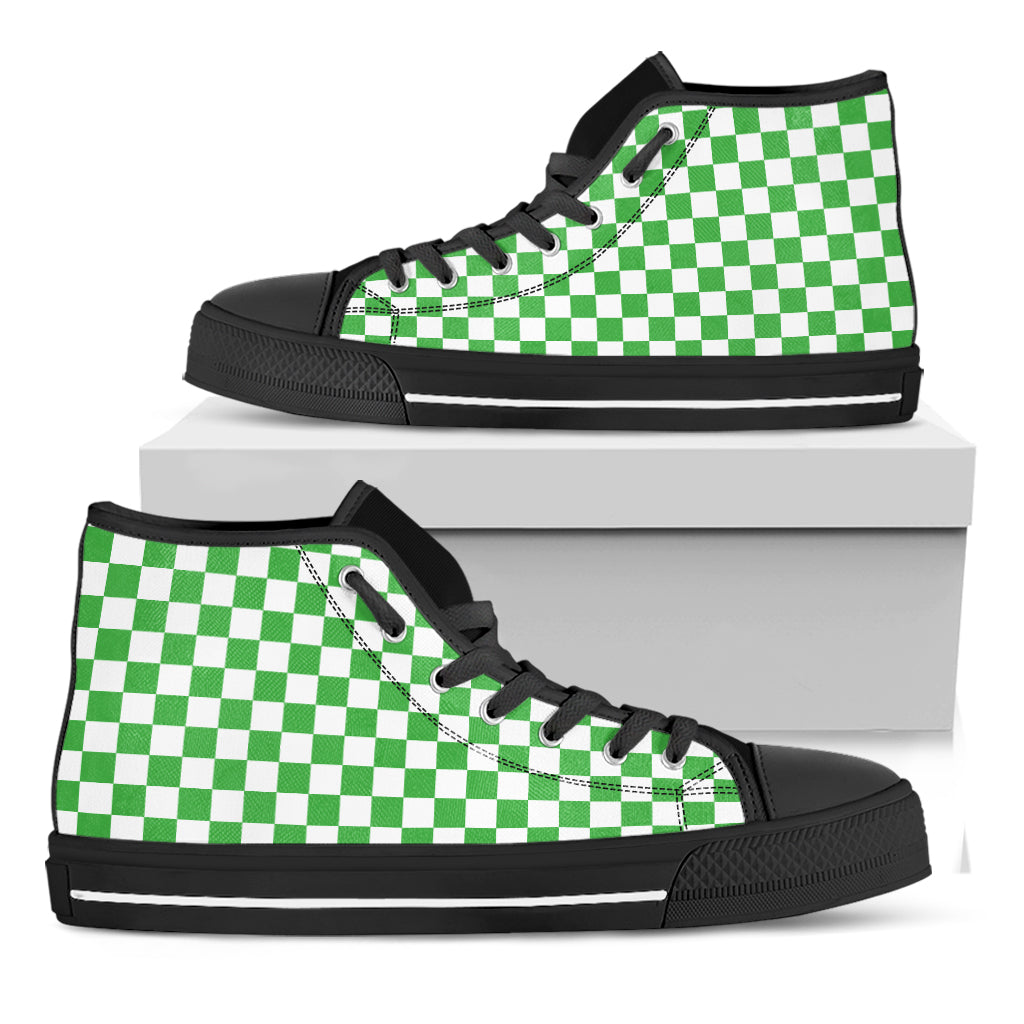 White And Green Checkered Print Black High Top Shoes