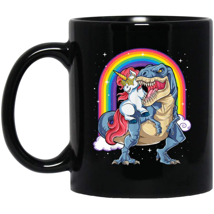 Unicorn Riding Dinosaur T rex Shirt Boys Girls Kids Rainbow Black Mug