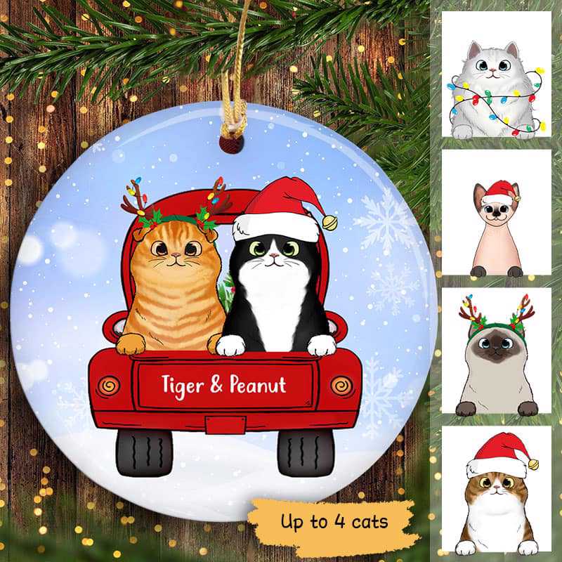 Personalized Christmas Cat Decorative Ornament, Fluffy Cat/Kitten Cute On Truck Circle