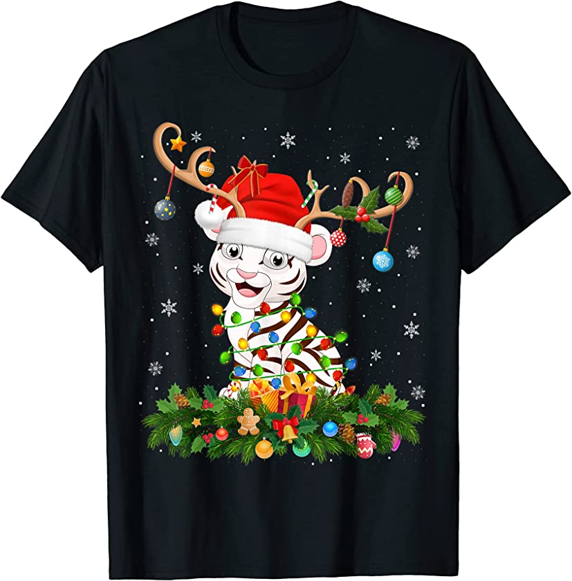 Xmas Holiday Reindeer Hat Santa White Tiger Christmas T-Shirt